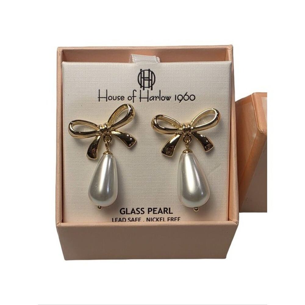 House of Harlow 1960 Gold Tone Bow Glass Pearl Teardrop Drop Earrings NEW